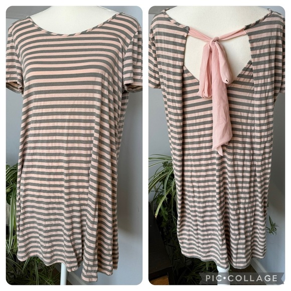 Pink & Gray Striped Knit Mini Dress w/ Pink Chiffon Bow Detail on Back Large - Picture 1 of 7